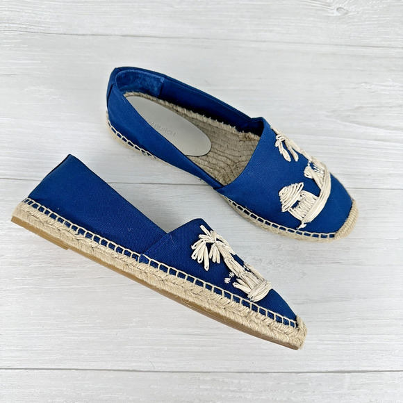 Tory Burch Flat Espadrille Size 8 Raffia Embroidered Straw Blue Tropical‎ Cruise - Picture 3 of 13